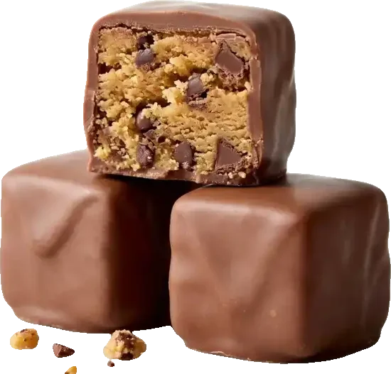 A CUBITES cookie dough cube in milk chocolate, bitten open to show the soft cookie dough inside