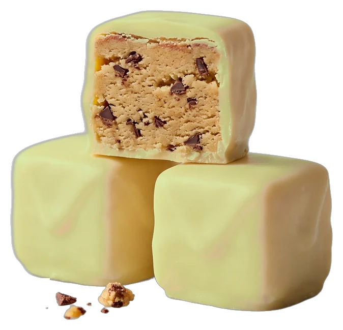 CUBITES in white chocolate with pistachio, one cube bitten open to show the cookie dough