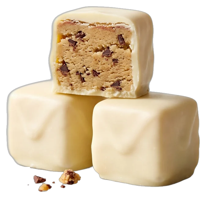 CUBITES in white chocolate, one cube bitten open to show the cookie dough